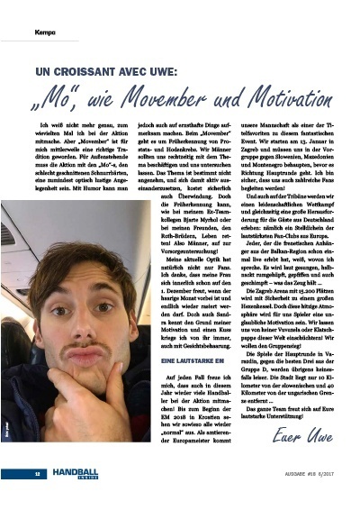 Handball Inside 6/2017 Kolumne von Uwe Gensheimer - "Mo", wie Movember und Motivation
