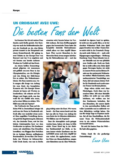 Handball Inside 1/2019 Kolumne von Uwe Gensheimer - die besten Fans der Welt