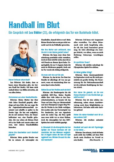 Handball Inside 2/2019 - Interview Lea Rühter - Handball im Blut Handball Inside 2/2019