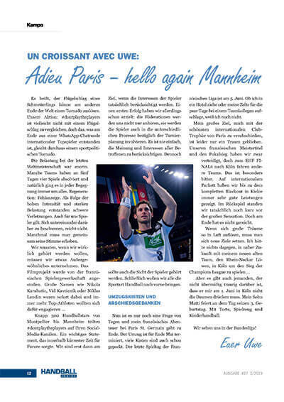 Handball Inside #27 3/2019 - Kolumne Uwe Gensheimer - Adieu Paris - hello again Mannheim