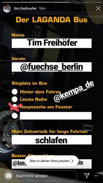 Tim Freihöfer Instagram Story über den Laganda Bus