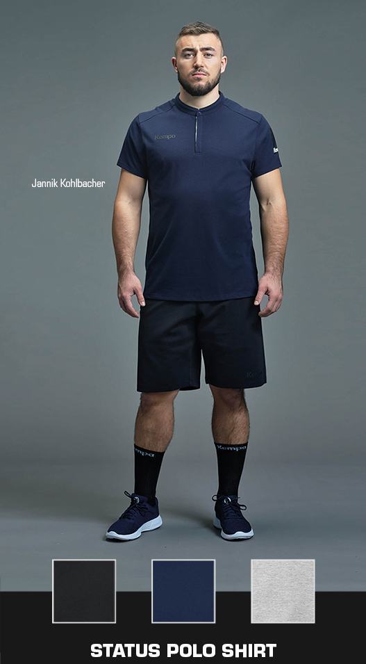 Jannik Kohlbacher trägt Kempa Status Polo-Shirt marine